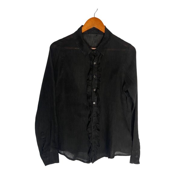 CP Shades Ruffle Button Down Collared 100% Linen Black Blouse-sz Small - Picture 1 of 10